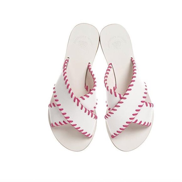 White Leather Slide Sandals with Fuksia Whipstitch Detail - Picture 1 of 1